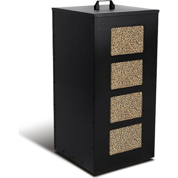 Réservoir à granulés 45 kg – Métal noir – 4 roulettes – 36 × 36 × 76 cm